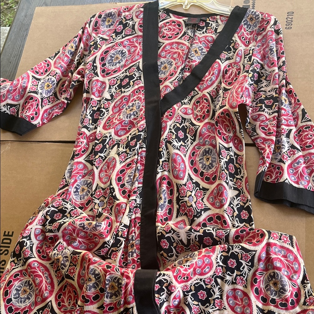 Women’s Pink Paisley Wrap Dress with Black Trim